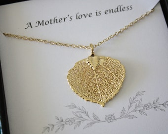 Gold Leaf Necklace Mother Gift, Aspen Leaf Necklace, Real Leaf Necklace, Thank You Card