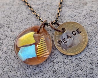 Dichroic Glass Pendant Boro Lampwork Stamped Coin Necklace - Peace