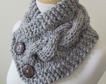 Knit Neck Warmer, Cable Knit Scarf, Chunky Warm Winter Scarf in Grey Marble 6" x 25" Coconut Shell Buttons Ready to Ship - Gift for Her