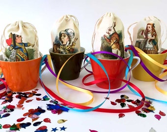 Alice in Wonderland Party Favor Bags | Red Queen Birthday | White Rabbit | Alice | Mad Hatter Tea Party | Onederland Cotton 3x5 | Set of 8