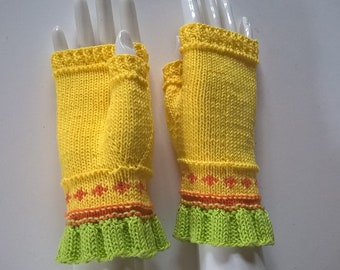 Handknitted colorful yellow cotton summer gloves fingerless gloves wrist warmers size S/M