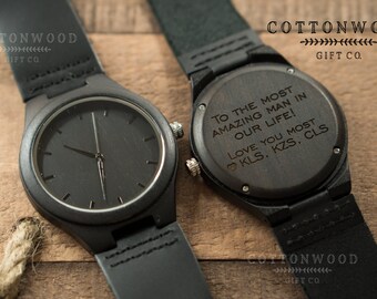 Anniversary Gifts for Men, Mens Wood Watches, Natural Ebony Wooden Watch, Engraved Wood Watch, Personalized Anniversary Gift, Groomsmen Gift