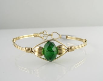 WSB-0029 Handmade Chinese Crystal and 14k Gold Filled Wire Wrapped Bangle Bracelet