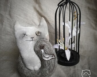 Cat with bird in a rustic style. Sewn and felted.