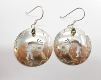 Kachina Earrings, Sterling Earrings, Dangle Earrings, Native American Sterling Silver Black Onyx Kachina Dancer Hook Earrings #3760