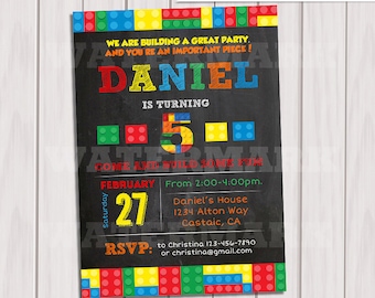Building Blocks Invitation, Chalkboard, Colorful Blocks Birthday Party Invitation,Invite Card, Personalized invitation