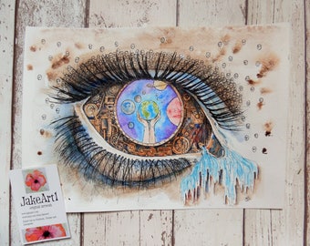 Steampunk eye, fantasy eye, space eye, eye art, steampunk eye art, fantasy eye art, gift for him, home decor, free postage, steampunk art
