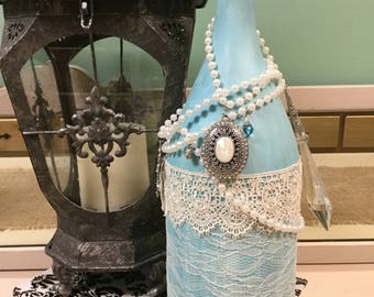 Blue Lace Altered Bottle with Pearls Spilling Out