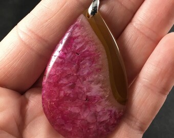 Brown and Beautiful Pink Druzy Agate Stone Pendant Necklace