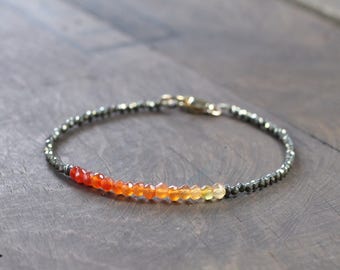 Ombre Carnelian & Pyrite Bracelet in Sterling Silver or Gold Filled, Skinny Orange Gemstone Bracelet, Delicate Beaded Layering Bracelet