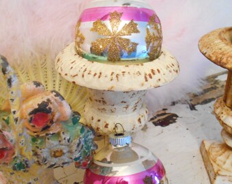 Three Shiny Brite Glass Christmas Ornaments with Glittered Snowflakes and one with Crowns