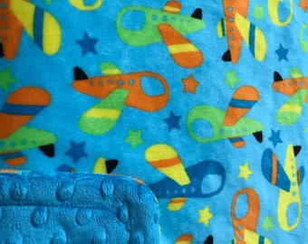 Minky Blanket Plane Print Minky with Turquoise Dimple Dot Minky Backing - Great Gift for a Baby or Toddler, Larger Sizes Available