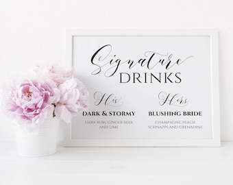 Signature Drinks Sign Printable, Editable Signature Drinks Sign, Wedding His and Hers Drink Sign. Calligraphy Bar Sign. Instant Download WC3
