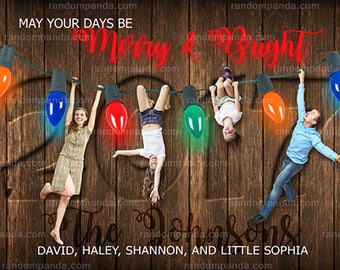 Personalize Funny Hanging from Christmas Lights Holiday Card, Merry and Bright Portrait