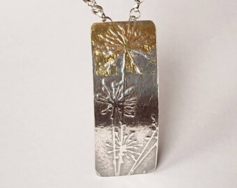 Sterling silver embossed dandelion pendant with keumboo, hallmarked in Edinburgh