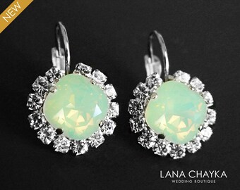 ON SALE Mint Green Opal Crystal Halo Earrings Swarovski Chrysolite Opal Rhinestone Earrings Chrysolite Leverback Wedding Jewelry Bridesmaids