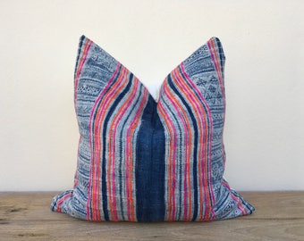 Vintage Farmhouse hemp Tribal Indigo Hand Print Patch Work Pillow Case 20" x 20" Pieces Of Retro Tribal Costume, Boro ethnic design cushion