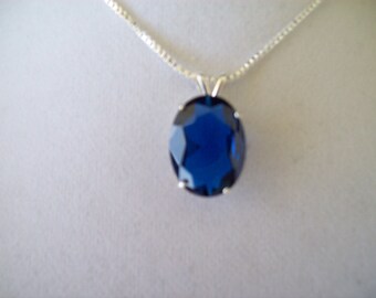 Lab Grown Sapphire Pendant in Sterling SIlver with chain 16x12mm