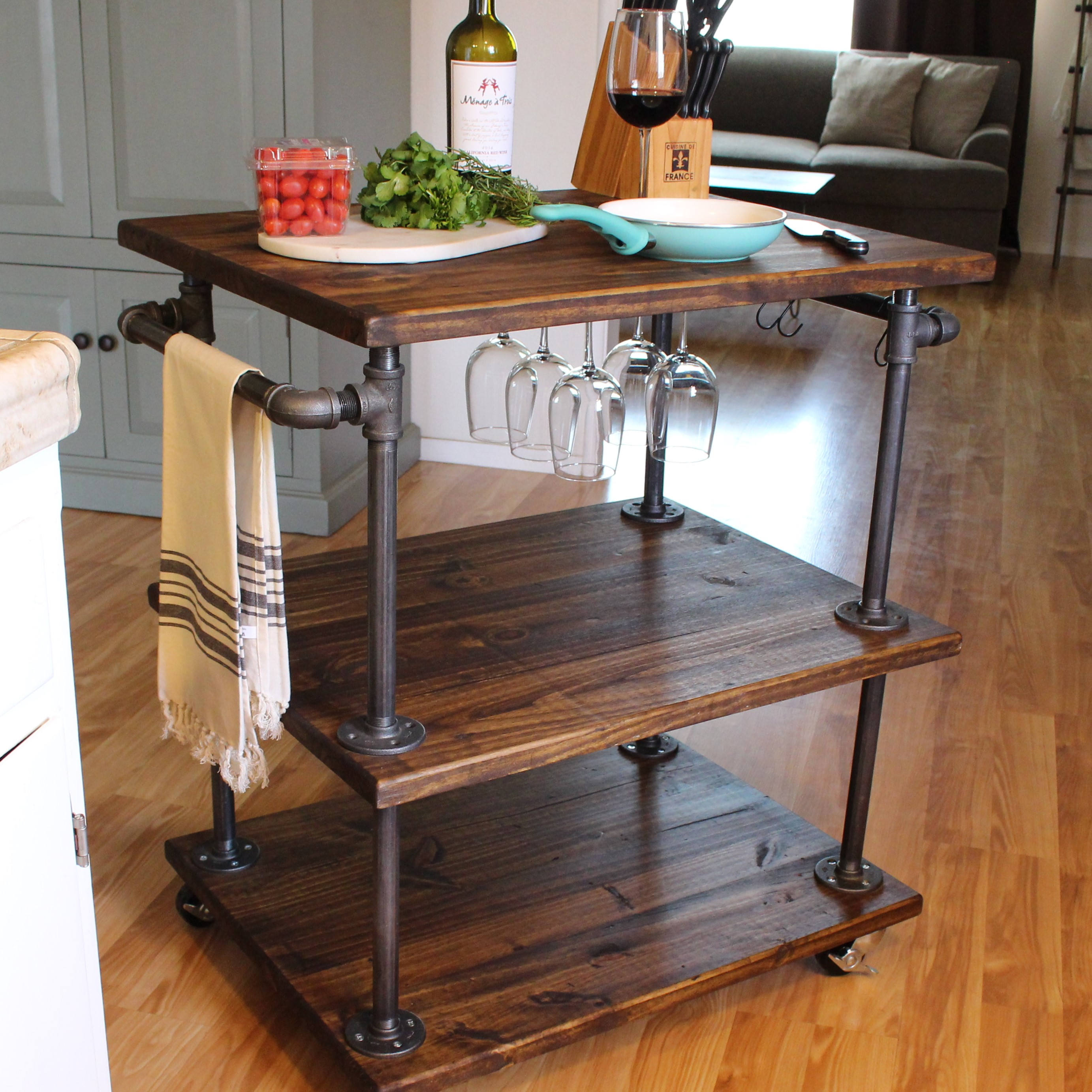 Rustic Wine Cart 3 Tiered Industrial Kitchen Cart Kitchen