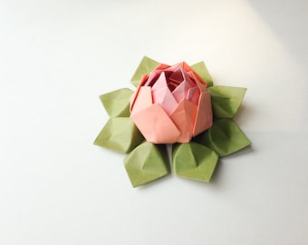Bright Dawn Lotus Flower - Origami Lotus Flower - Pink, Coral and Moss Green - Handmade Paper Flower - birthday, get well, friendship