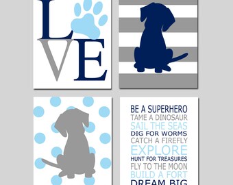 Baby Boy Nursery Art - Love Paw Print, Stripe Puppy Dogs Polka Dots, Be a Superhero Quote - Set of Four 8x10 Prints - CHOOSE YOUR COLORS