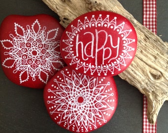 Hand-painted mandala stones "Happy" in the three-set
