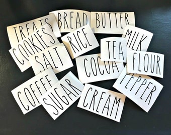 Rae Dunn inspired Farmhouse vinyl decals FREE SHIPPING coffee, sugar, cream, salt, pepper,tea, cocoa, milk, flour, rice, cookies, treats