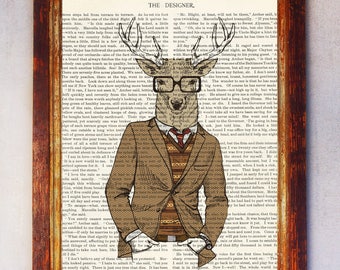 Fashion Reindeer Art Print, Deer with Glasses Print, Deer Wall Art, Book Art Deer Print, Animal Print, Deer Poster, Deer Illustration
