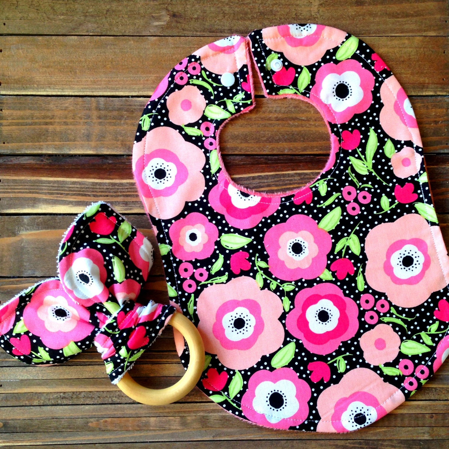 Organic Baby Girl Teething Ring and Bib Set Baby Shower or