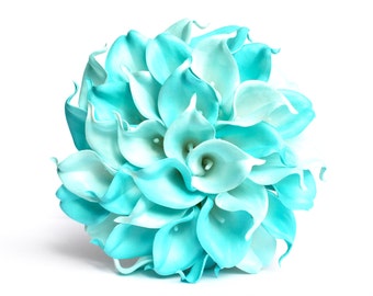 WEDDING BOUQUET TURQUOISE - Blue Turquoise Calla Lily Wedding Bouquet , Calla Lily Bridal Bouquet