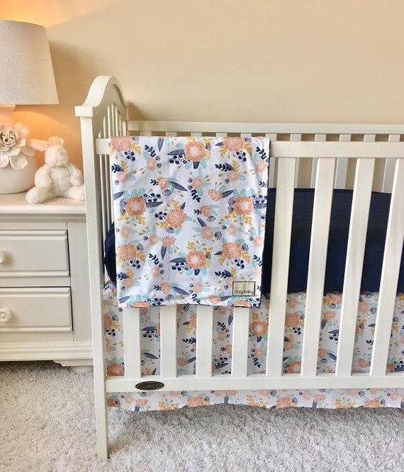 Peach and Navy Floral Baby Bedding Crib Bedding Navy Mint