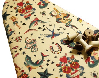 Ironing Board Cover custom size shape large wide standard tabletop Alexander Henry's Tattoo Tea skulls horsehoes hearts mermaids pick size