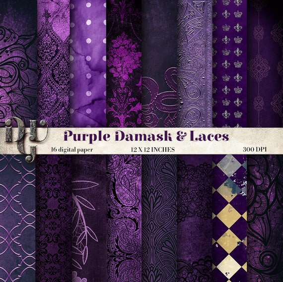 Download PURPLE GOTHIC Damask Digital Paper Pack Lace Purple & Black