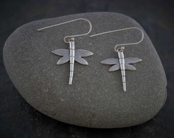 Recycled Silver Dragonfly Earrings ( Eco friendly Fine Silver Earrings PMC Fine Silver Clay Jewellery Silver clay earrings Nature jewellery