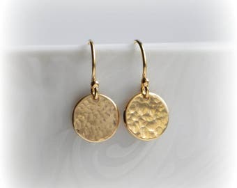 Hammered Gold Earrings, Tiny Gold Disc Earrings, Simple Gold Earrings, Gold Minimalist Earrings, Dangle Earrings, Gift for Her, Blissaria