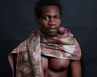 Silk-scarf-element Earth, Nuno-scarf, felt-scarf, silk, wool