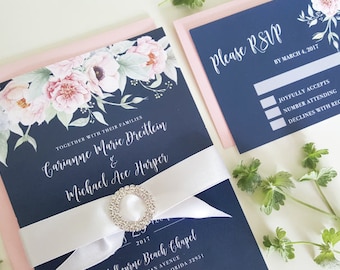 Navy Wedding Invitation, Floral Wedding Invitation, Navy and Blush Wedding, Pink Wedding Invitation, Printable Wedding Invitation, Navy