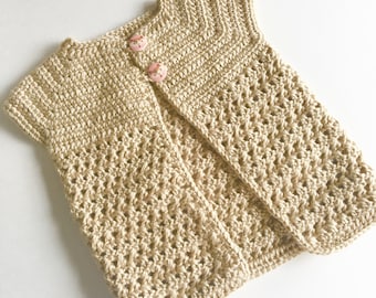 Crochet Baby Cardigan With Fox Buttons, 6-12 mo.