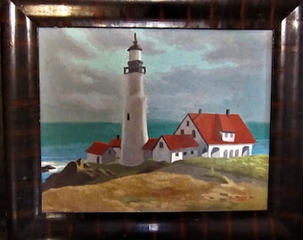 California Lighthouse Oil Painting 1940s