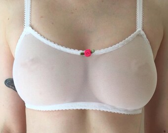 Komplett schiere transparent sehen durch weiße Stretch-Mesh Bralette BH Braut retro Dessous Leda bei Nacht