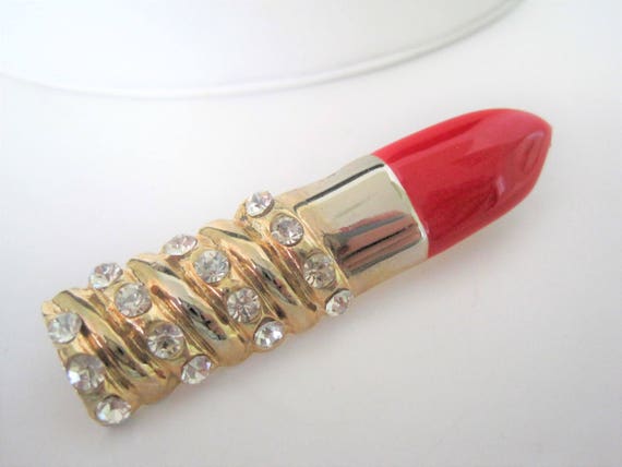 Red Lipstick Pin, Rhinestones Encrusted, Red Enamel, Modernist Brooch