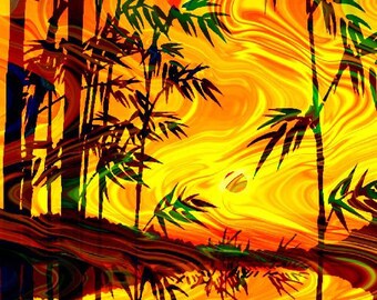 Hand Created 4 Fabric 100% Cotton Sateen Art Prints Landscape Asian Aurora Borealis Sunset Quilting