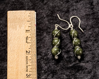Wire Wrapped Green Glass Bead Dangle Earrings