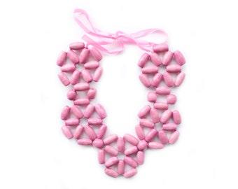 Light pink necklace chunky statement necklace for her ribbon beaded necklace pastel pink necklaces for women wooden necklace pink jewelry