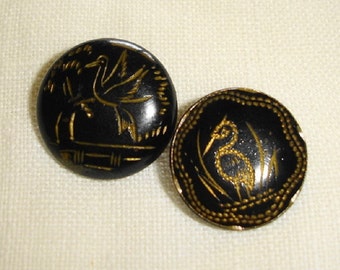 Japanned Brass Picture Buttons - 2 Lacquered tole Buttons with Birds