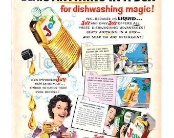 1952 Joy Dishwashing Liquid Vintage Ad, 1950's Housewife, Vintage Illustration, Advertising Art, 1950's Dishwashing, Great for Framing.