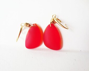Red beach glass earrings. Red sea glass earrings. Red earrings. Upcycled earrings. Beach glass jewelry. Sea glass jewelry. Orange earrings.