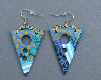 Polymer clay earrings. Triangular earrings. Dangling earrings. Polymer clay hoop earrings.