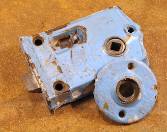 Shabby Victorian Door Rim Latch w Bolt & Knob Rosette Plate - BLW Branford - VINTAGE BLUE - Distressed Antique Hardware