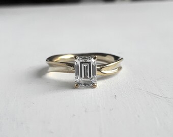 White Gold Moissanite Engagement Ring - Fluid Organic Design - Emerald Cut Stone - Boho Nature Inspired